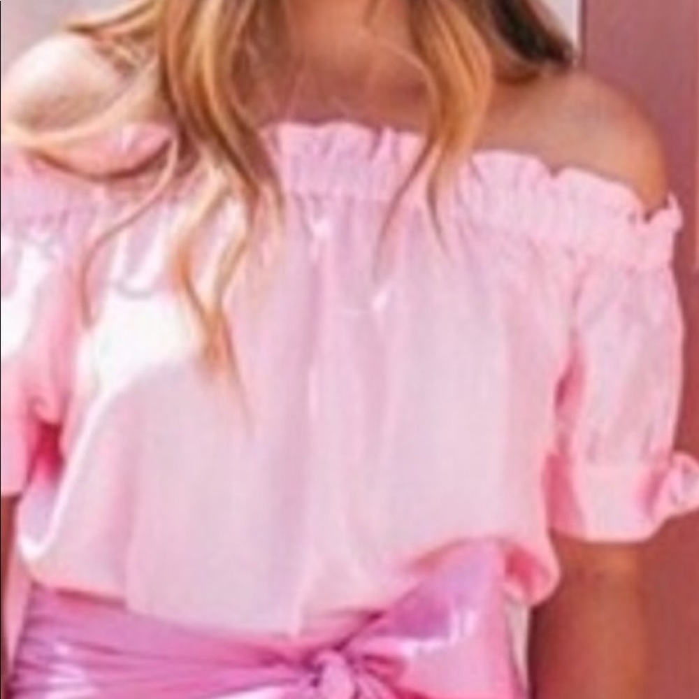 J.Crew pink off the shoulder silk top